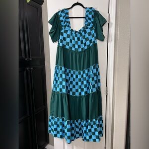 Dressed in LALA Teal and Light Blue Checker Maxi Dress